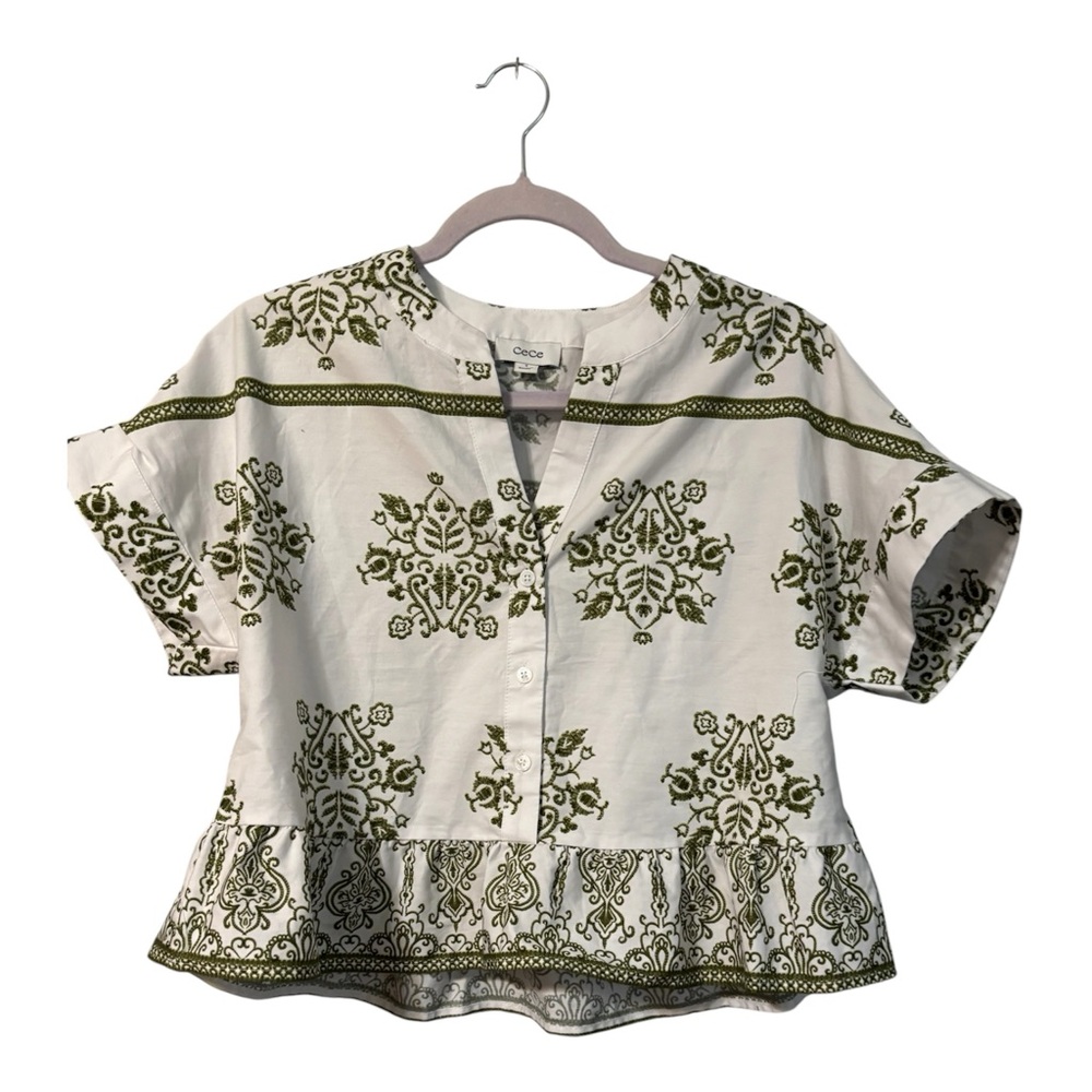 CeCe White Blouse with Olive Green Motif Peplum